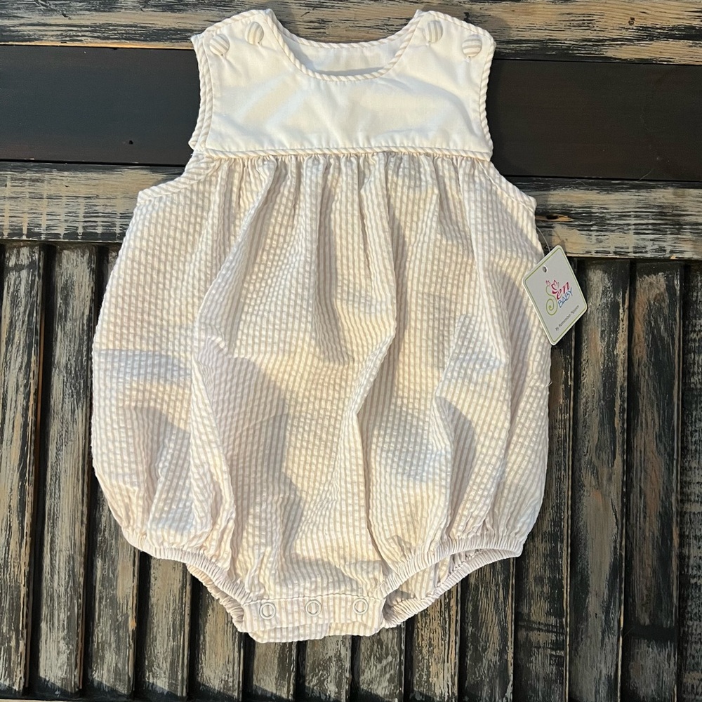 White + Tan Seersucker Bubble Sen Baby by Remember Nguyen